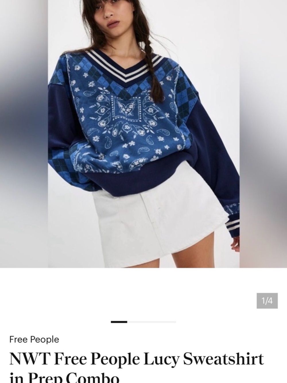 Free People Navy Blue Bandana-Print V‑Neck Sweatshirt